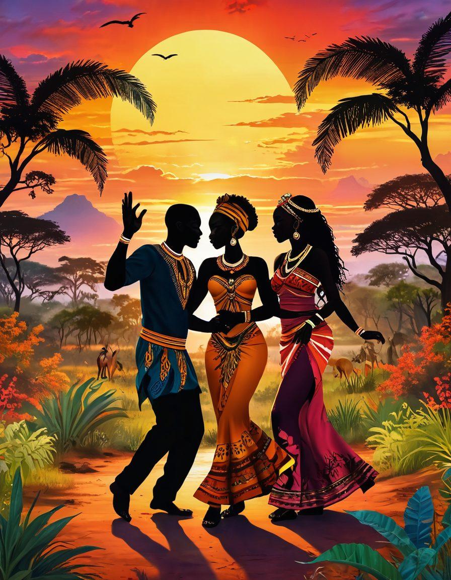 A vibrant landscape of an African sunset, with couples dancing in traditional attire, surrounded by lush flora and fauna. Include symbols of culture like tribal masks and love tokens scattered artistically throughout. Emphasize warmth and connection through radiant colors in the sky reflecting off the couple's joyful expressions. super-realistic. vibrant colors. 3D.