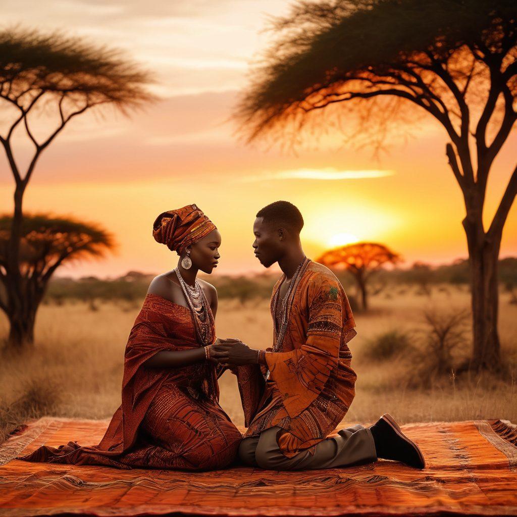 A warm, intimate scene showcasing an African couple sharing a heartfelt moment, surrounded by traditional cultural elements like vibrant fabrics and handcrafted artifacts. The backdrop reveals a sunset over a savannah with silhouettes of acacia trees, symbolizing deep-rooted connections. Subtle hints of traditional African textiles draped around them foster a sense of passion and cultural celebration. soft focus. warm tones. painterly style.