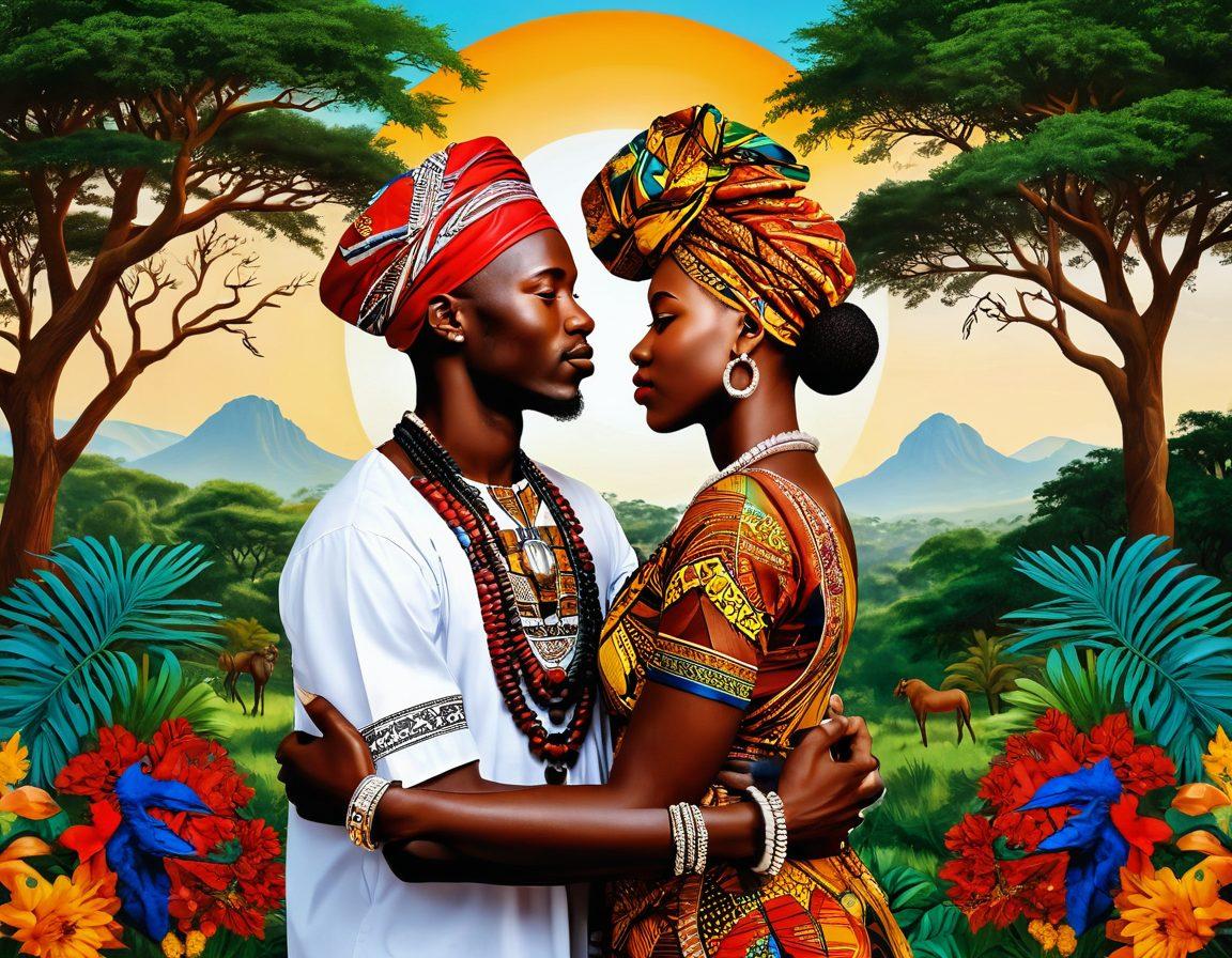 A beautifully intricate mural depicting diverse couples from various African cultures, showcasing their expressions of love and togetherness through traditional attire and vibrant colors. Surrounding them are symbols of unity, such as intertwined hands and heart motifs, set against a backdrop of lush landscapes and vibrant flora. The scene should evoke warmth and connection, emphasizing the depth of affection in African relationships. super-realistic. vibrant colors. 3D.